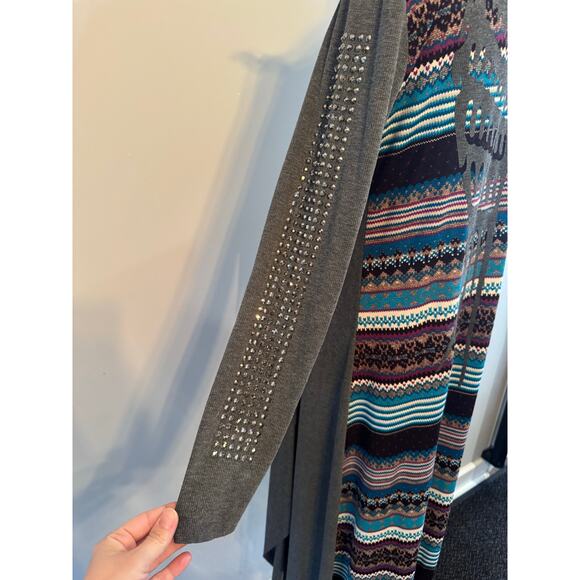 Vocal Long Duster Cardigan Tribal Pattern Back Graphic & Rhinestones  Sz Sm - Picture 3 of 7
